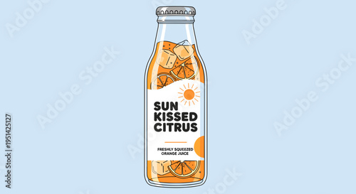 A refreshing glass bottle of Sun Kissed Citrus orange juice with ice and orange slices, featuring a bright label on a light blue background.