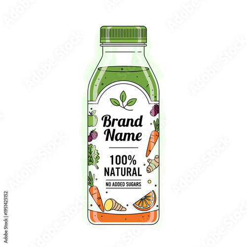 A vibrant illustration of a green juice bottle with a '100% NATURAL' label, surrounded by fresh fruits and vegetables like carrots, ginger, apples, and oranges, on a white background.
