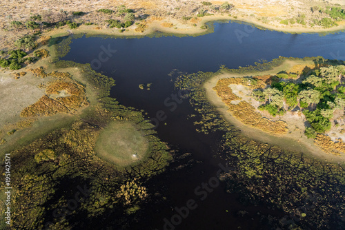 An aerial shot of a rather dry wetland in Okavango delta during an evening near Maun, Botswana