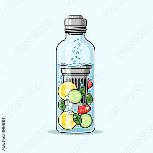Refreshing infused water bottle with lemon, cucumber, strawberry, and mint for healthy hydration.
