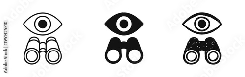Eye and Binoculars Icon Set. Observation and Surveillance Symbol.