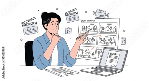 Woman Planning Project at Desk with Laptop.