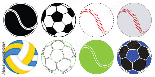 Sports Ball Icon Set Collection – Soccer, Basketball, Baseball, Volleyball, Tennis Flat Vector Icons