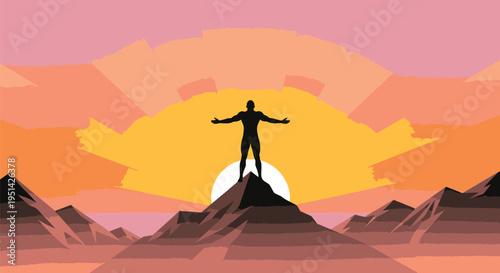 Triumphant Man Standing on Mountain Peak at Sunset.