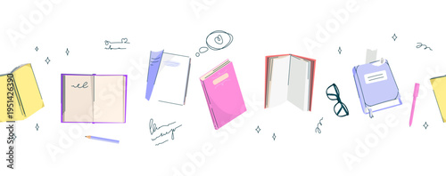 Seamless border pattern with hand drawn books, notebooks, pencil glasses, and stationery elements for education designs, packaging, branding, backgrounds, print, school projects. Vector illustration