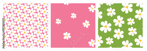 Daisies flowers pink green background seamless pattern set vector illustration white yellow floral wallpaper textile print design template