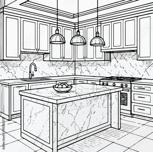 Elegant Modern Kitchen Interior Black White Line Art Illustration Marble Island Pendant Lights Cabinets Coloring Page Architecture Design Graphic Print