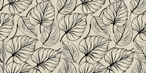Seamless pattern of tropical leaves in a sketched monochrome style