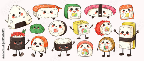 Cute sushi characters set in cartoon style on light background, symbolizing fun food concept. Vector illustration