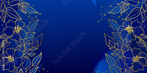 Elegant floral border design with golden lines on a deep blue background