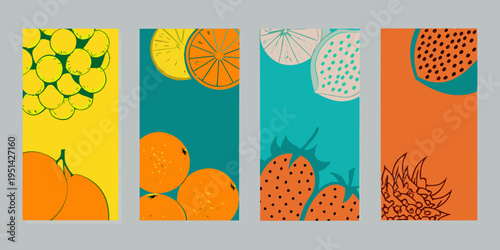 Colorful vertical banners featuring various citrus fruits and berries