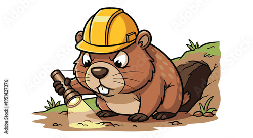 Cartoon Beaver Wearing Hard Hat and Plumbing.