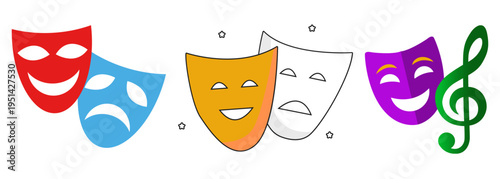 Set of 3 Theater Masks Vector Icons with Happy and Sad Expressions, including a Music Treble Clef Symbol, for Entertainment and Performance Arts Graphics