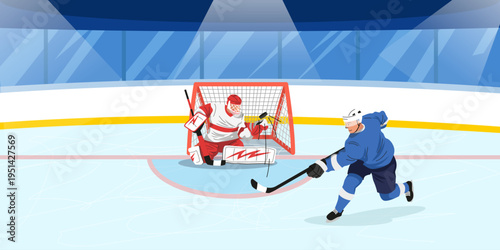 Two hockey players competing near goal in flat style on bright indoor rink, showing dynamic sports concept. Vector illustration