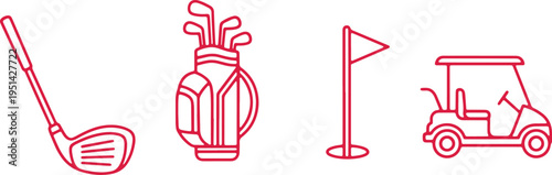 Iconic symbols representing essential elements of a golf course and equipment
