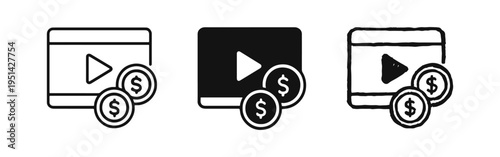 Video monetization and earning money online icon set. Paid video content and streaming income symbols. Digital media profit and revenue generation icons.