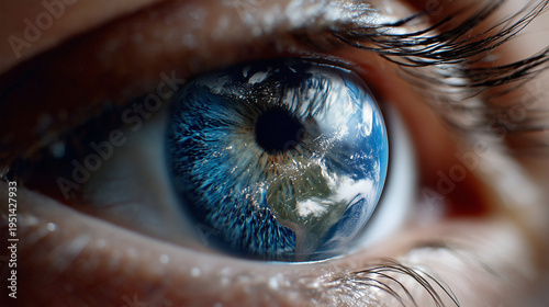 close up image of an eye where the eyeball is replaced by the earth as seen from space