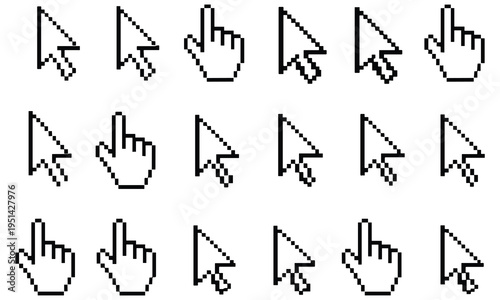 Collection of various pixelated cursor icons in black on white background, showcasing different pointer and hand symbols for user interface design, digital art, and graphical elements in a minimalist