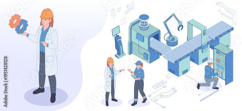 Engineers with factory equipment in clean graphic style on light background showing automation concept. Vector illustration