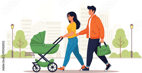 Young Couple Walking with Green Stroller in City Park