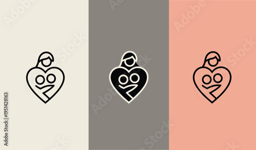 Unique logo design variations featuring a heart-shaped icon with a human figure on different colored backgrounds for branding and identity purposes.