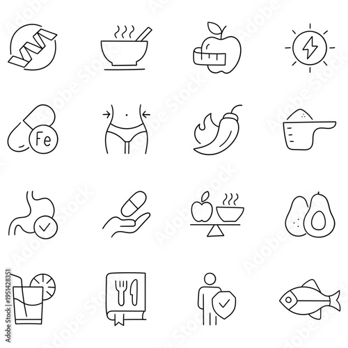 Hand-drawn doodle set of nutrition and diet icons on a white background.