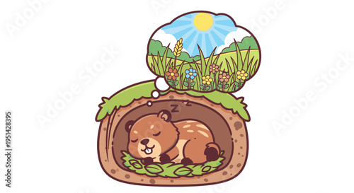 Cartoon Bear Sleeping in Hollow Log.