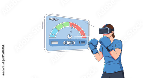Woman in VR headset and boxing gloves plays virtual reality fitness game, with a progress meter showing score