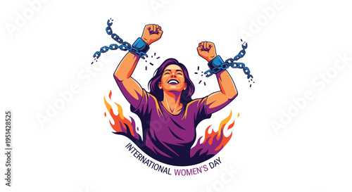 Woman Breaking Free from Chains on International Womens Day.