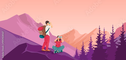 Hikers viewing mountain landscape in flat style on pastel background, concept of adventure and tourism. Vector illustration