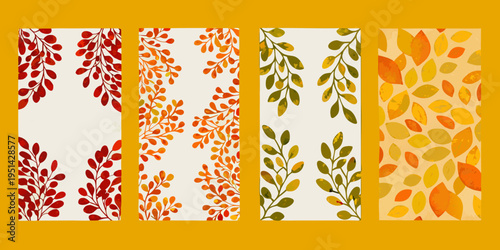 Four vertical panels displaying watercolor autumn leaf and branch patterns