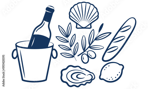 Wine and food illustration featuring bottle in ice bucket with seafood and bread elements in a minimalist design