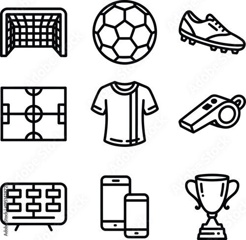 Collection of essential soccer and sports equipment icons
