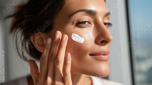 Close-up of face, white face cream on cheek, one hand holding it, bright daylight in the background, close-up of skin care product in hands, minimalist style, editorial photography
