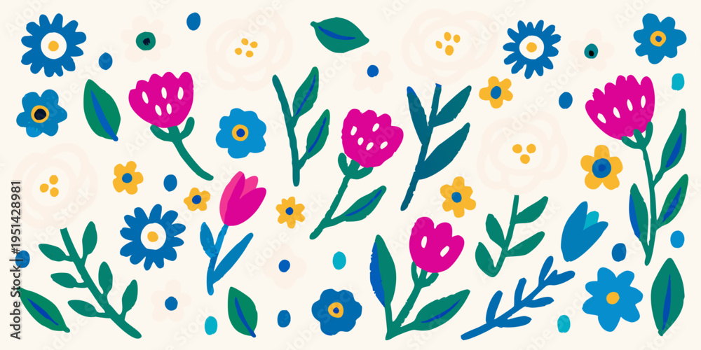 Fototapeta premium A colorful playful pattern of stylized flowers and foliage