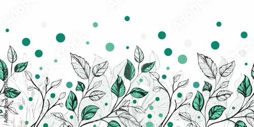Delicate floral pattern featuring sketched leaves and scattered teal circles