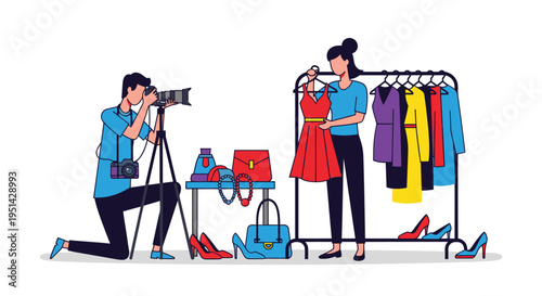 Fashion Photographer Shooting Model with Clothes.