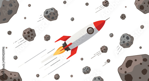 Illustration of Rocket Ship Flying Through Asteroid Field.