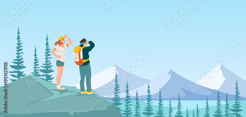 Tourists standing on a high mountain cliff in flat style with distant peaks on clear sky background, concept of travel adventure. Vector illustration