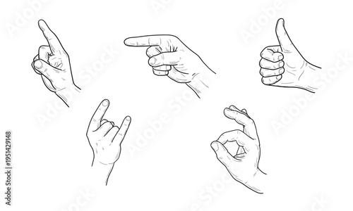 Hands showing various gestures, hand-drawn sketch. Vector illustration. Set of palms pointing at a target, fists, and fingers, simple drawing isolated on a white background. Not AI.
