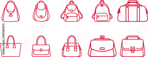 Collection of ten stylish handbags and backpacks in minimalist line art design