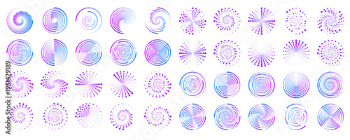 PNG dotted spiral with glowing neon gradient. Circular patterns simulate motion and energy. Perfect for futuristic tech and digital backgrounds.