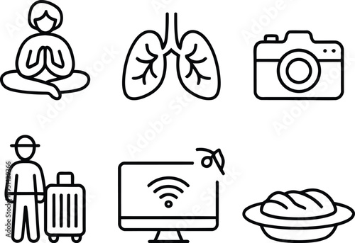 Six icons representing health, travel, technology, and daily life activities