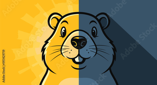Cartoon Beaver Character with Yellow Blue Background.