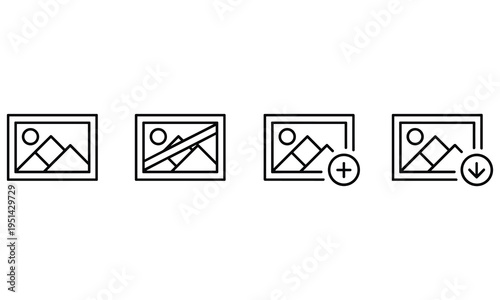Simple black and white image gallery icons representing image upload and download featuring various states like loading and error