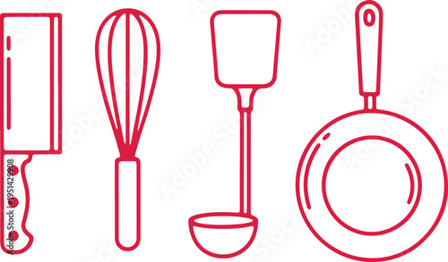 Illustrations of four essential kitchen utensils for cooking and baking