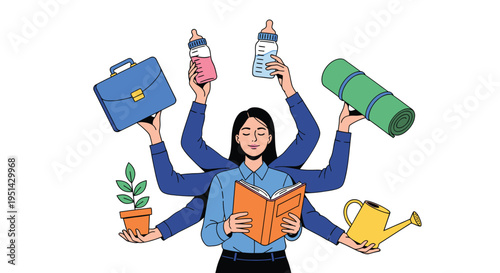 Multitasking Woman with Various Activities and Objects.