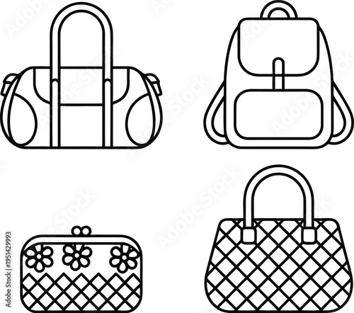 Four distinct styles of handbags in minimalist line art design