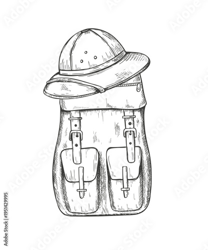 Backpack and safari hat vector isolated line ink illustration. Hand drawn modern rucksack with jungle hat monochrome composition for travel concepts, wildlife researcher poster, historical themes