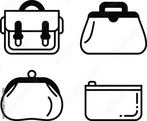 Four distinct styles of handbags and pouches illustrated in black and white